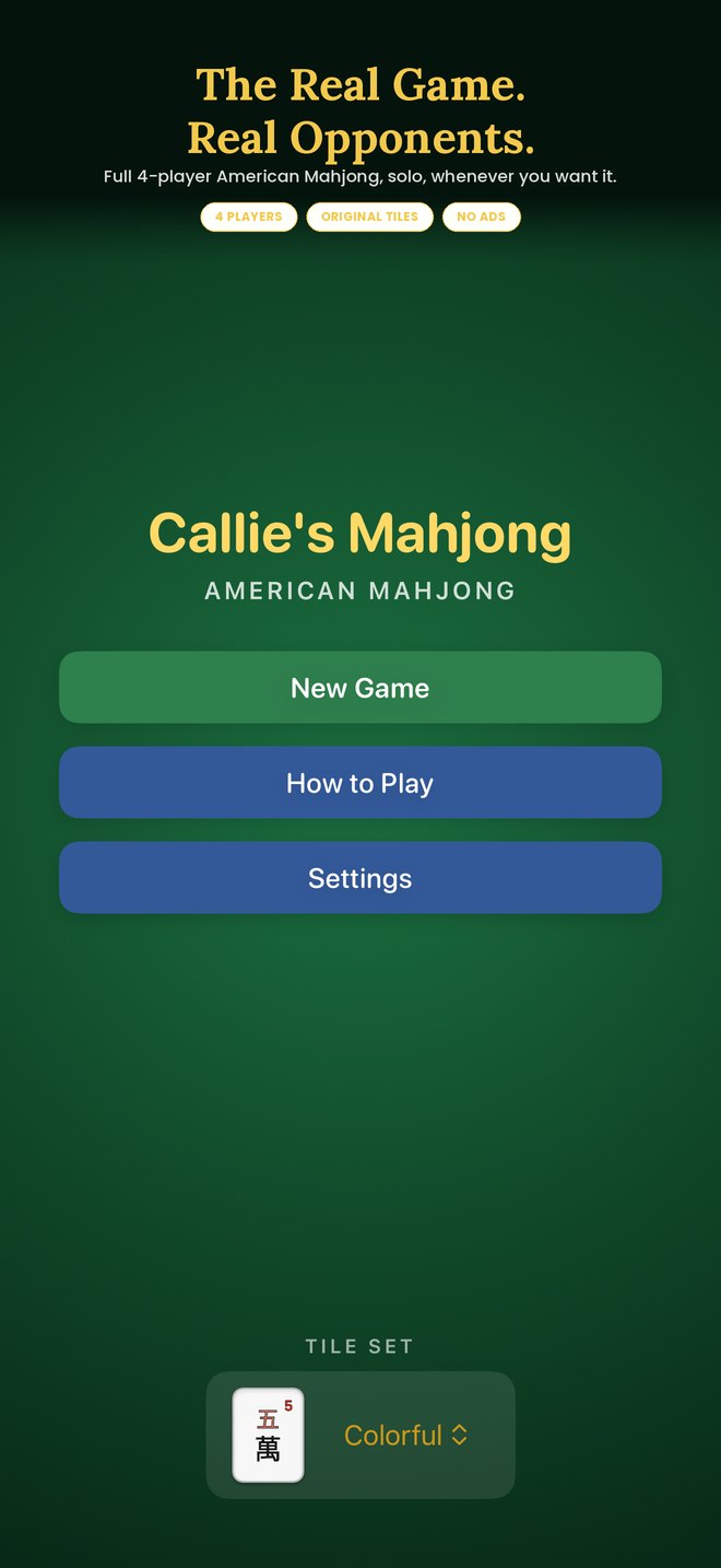 Callie's Mahjong main menu — the real game, real opponents
